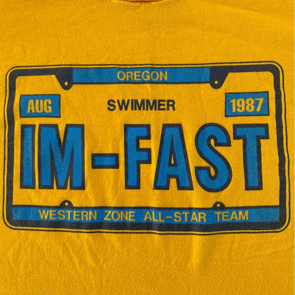 Vintage 1987 yellow t-shirt, Im Fast, swim team, size Large - Picture 1 of 9